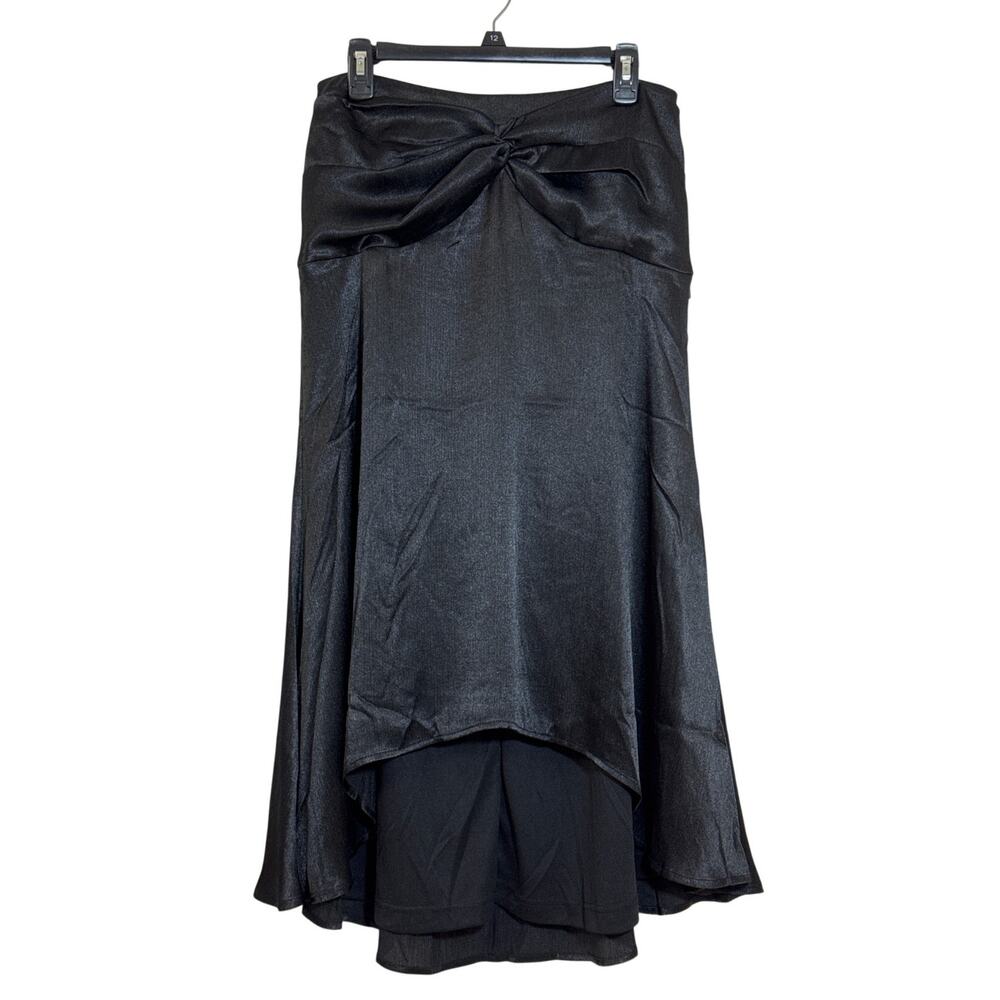 Nicole Miller "Very Black" Shimmery Midi Skirt Size 12 Knot Waist High Low Hem